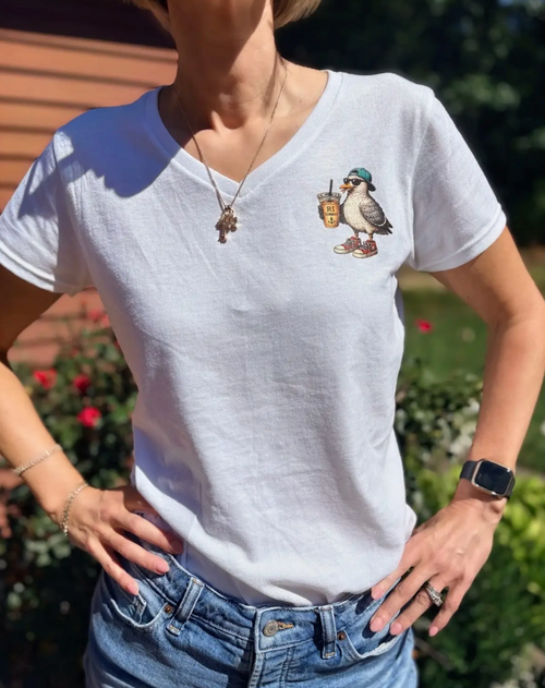 Coastal Menace Tee front view with small seagull chest logo