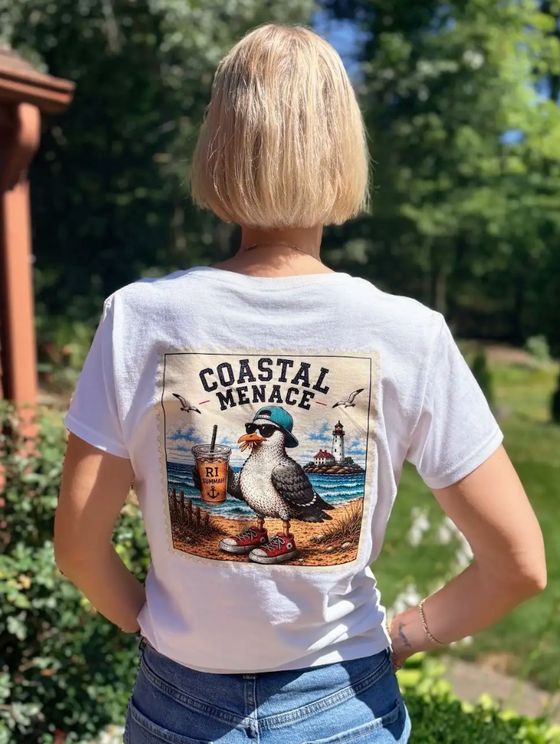 Coastal Menace Tee back view with full seagull beach graphic
